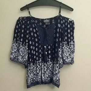 Angie Cold Shoulder Navy Boho Blouse sz.S #28